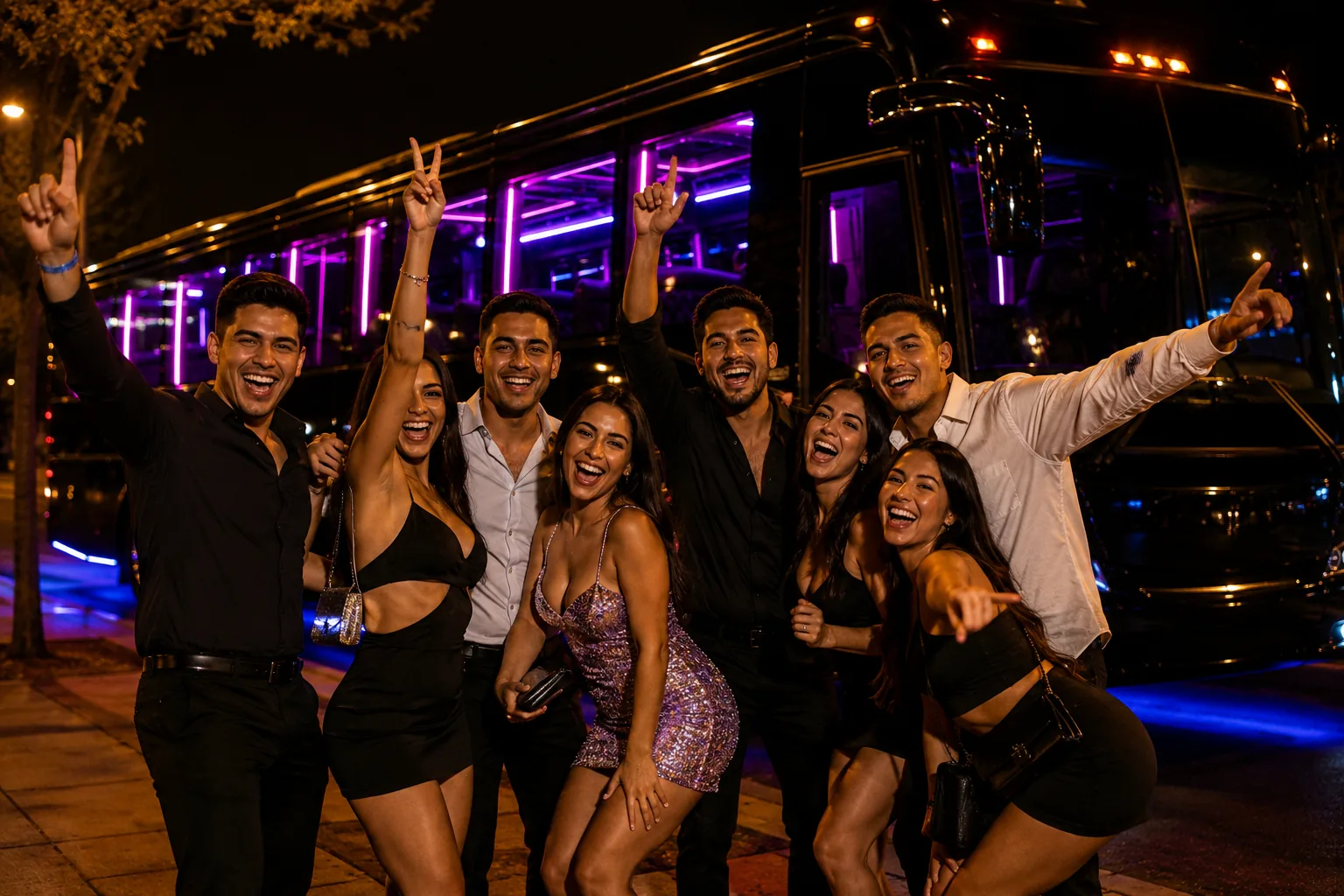 Grupo celebrando junto a un bus discoteque de noche en Santiago