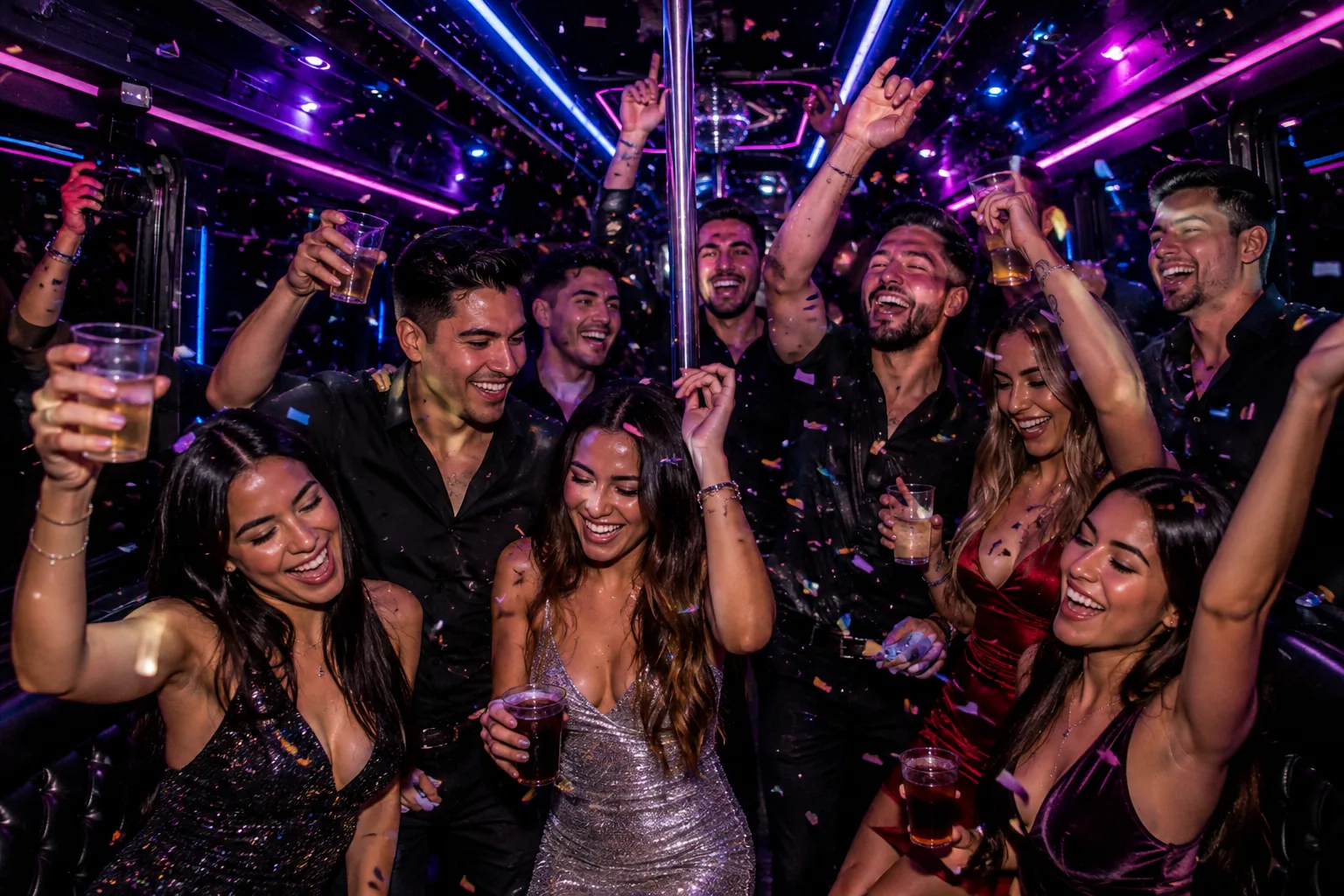 Grupo de amigos celebrando a bordo de un bus discoteque