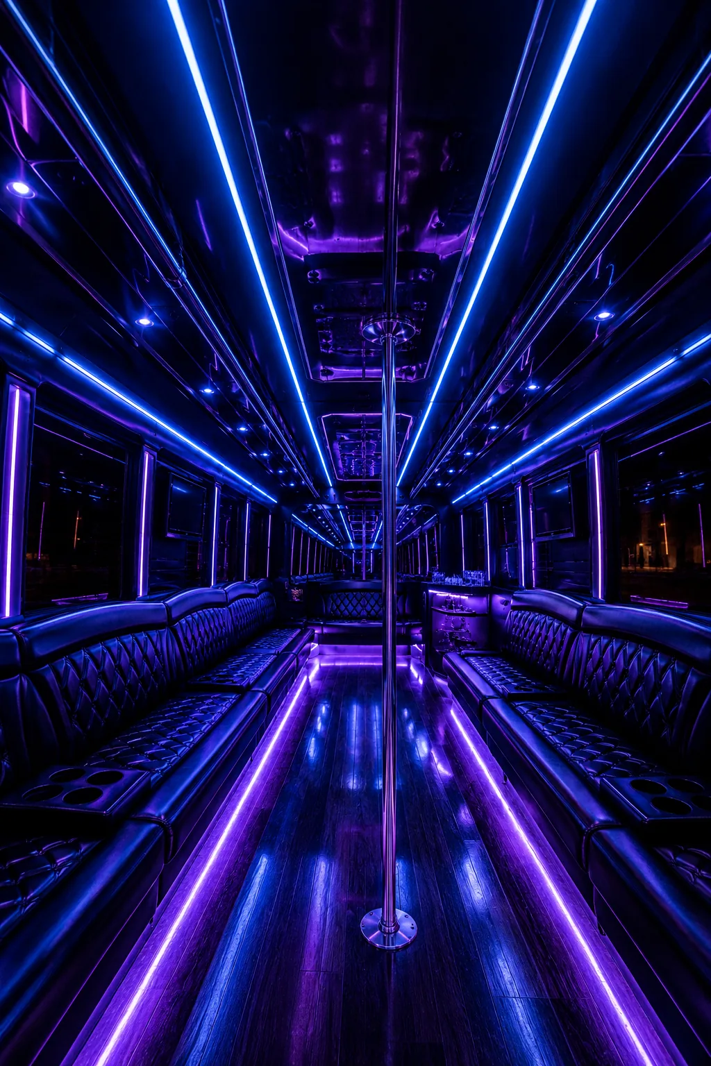Interior de un bus discoteque con caño de baile y tiras LED