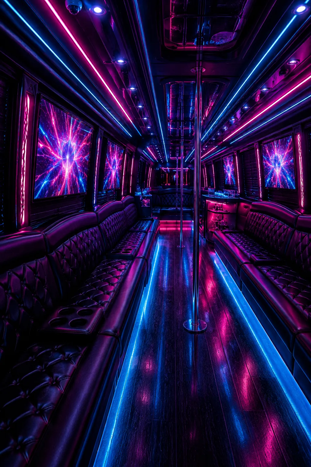 Pantallas y luces LED en el interior de un bus discoteque